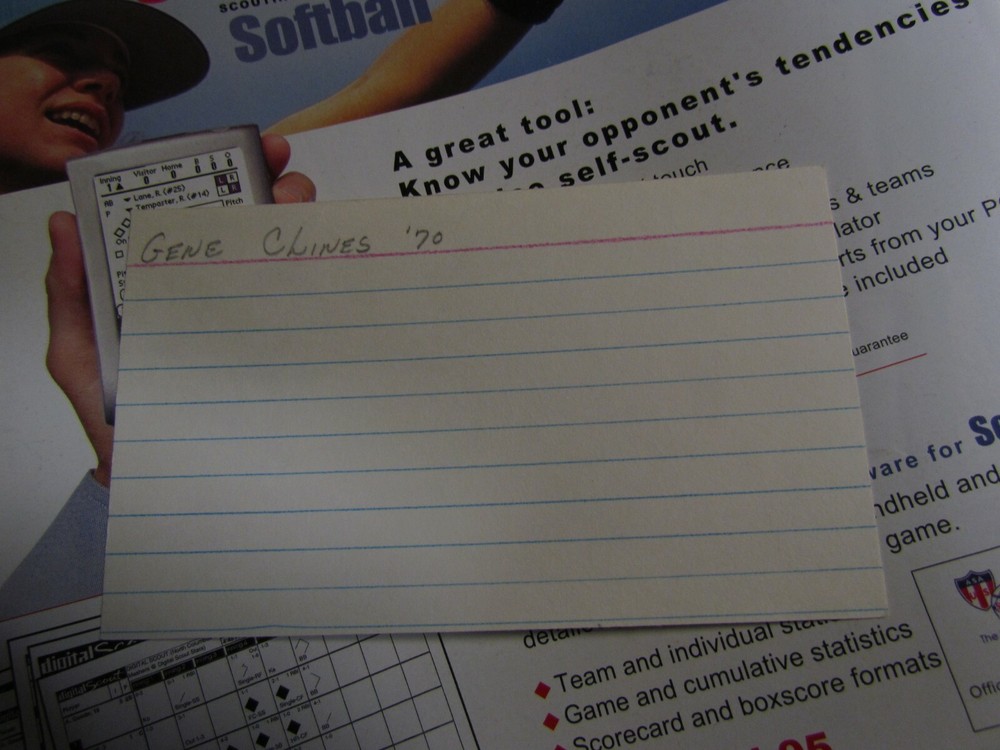 Gene Clines autographed index card