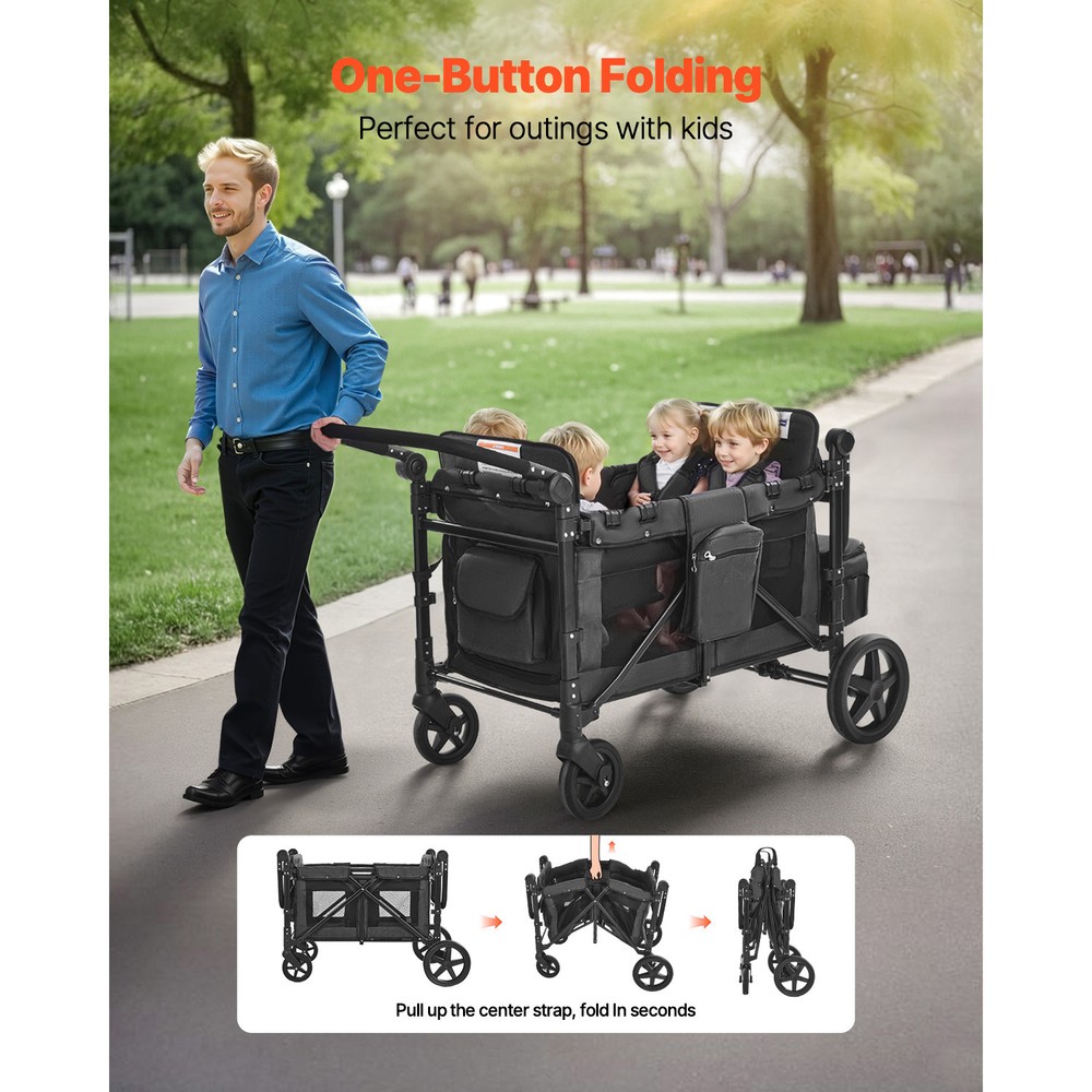 Wagon Stroller 4 seater Push Pull Quad Collapsible Stroller 330LBS with Canopy