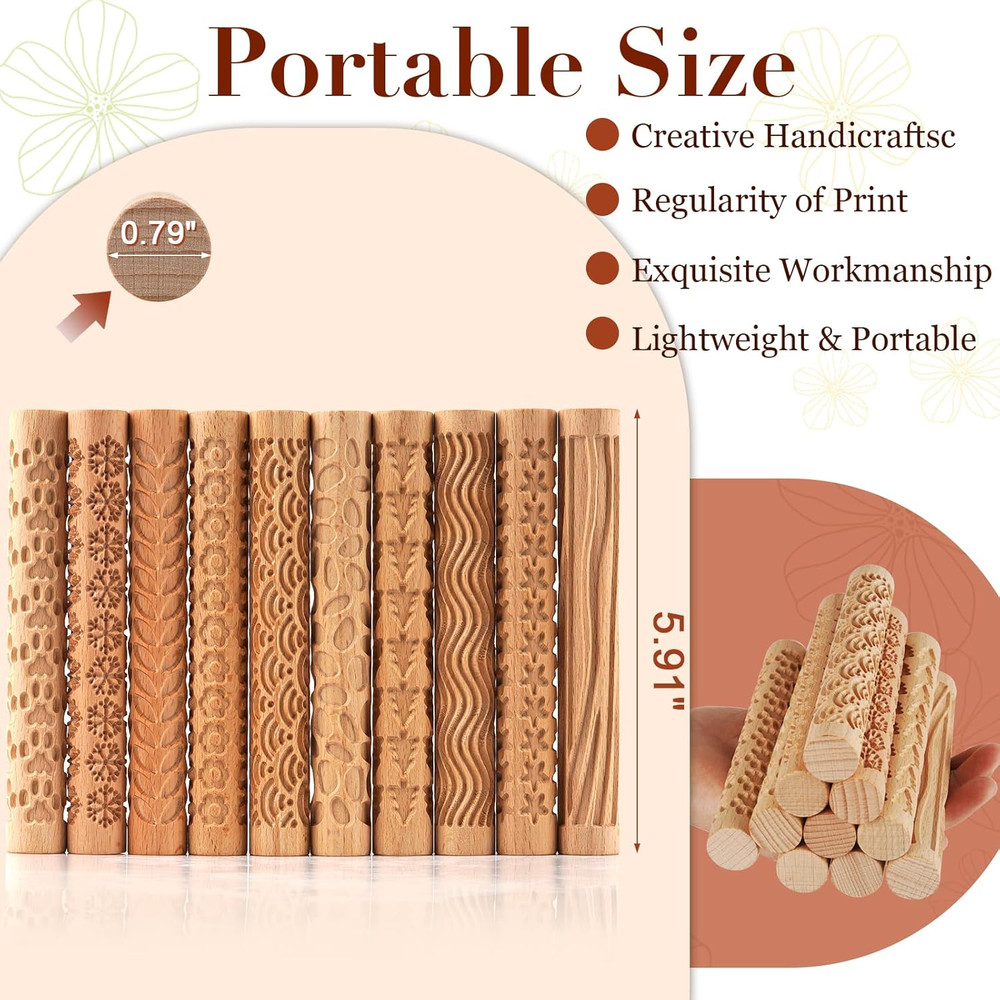 Set of 10 Wooden Handle Pottery Tools Clay Modeling Pattern Rollers Kit Brown (S