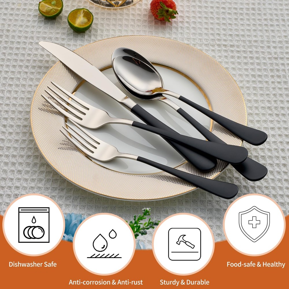 20 Piece Black 18/0 Flatware Utensil Set for 4, Include Dinner Knife,Dinner F...