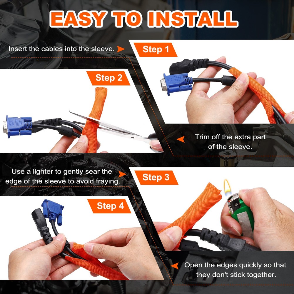 Wire Split Braided Cable Management Sleeve, Orange (2" - 7 Feet)