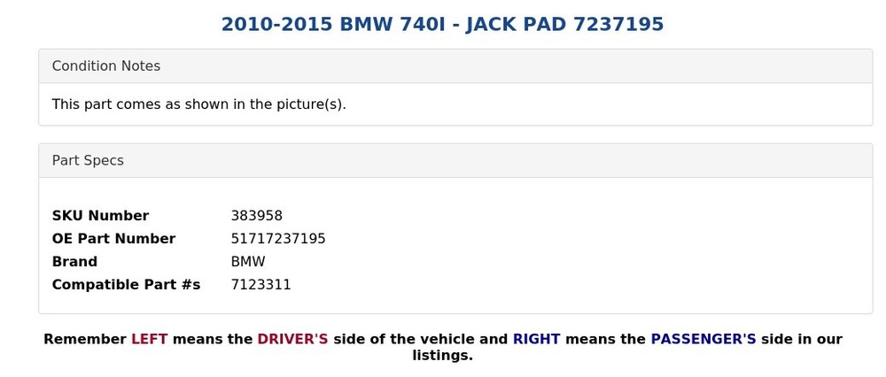 2010-2015 BMW 740I - JACK PAD 7237195