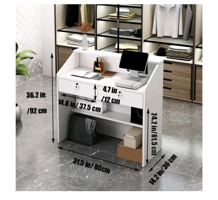 Reception Desk with Counter, Modern Front Desk with Lockable Drawers, White