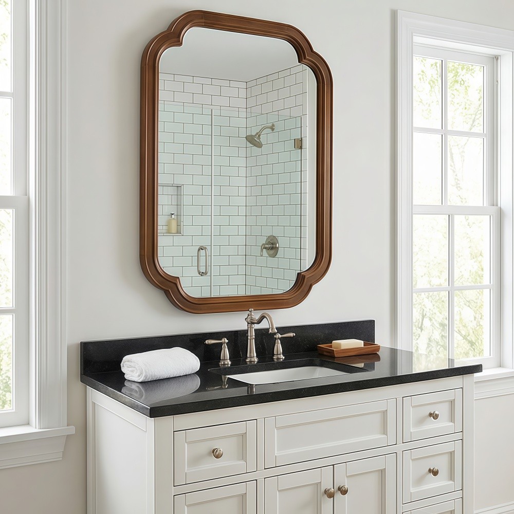 24x36 Solid Walnut Wall Mirror with Tempered Glass, Round Corner Art Deco