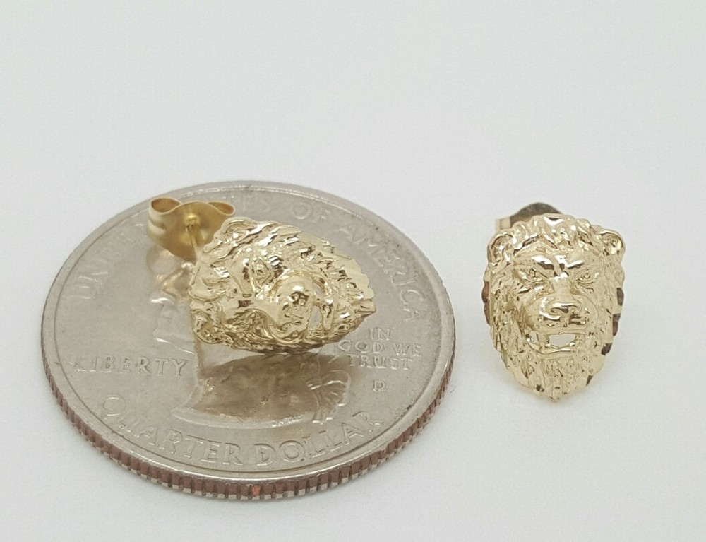 14k Solid Yellow Gold Lion Head Leo Stud Earrings Push Back