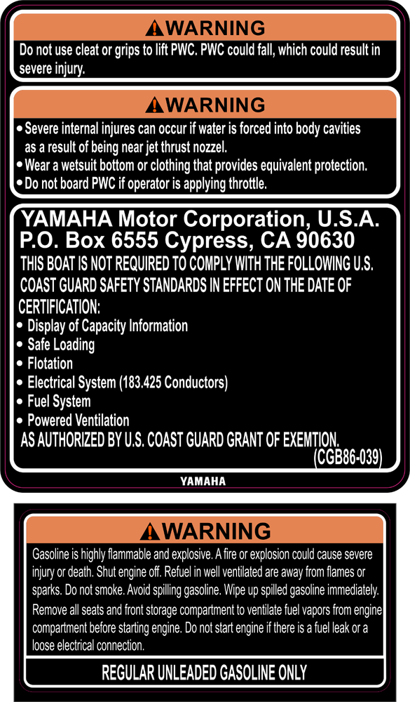 YAMAHA WAVERUNNER VX 2016-2018 Graphics / Decal Warning / Sticker Kit