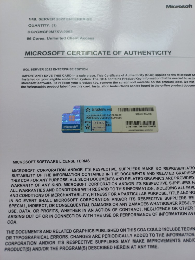 Microsoft SQL Server 2022 Enterprise 96 Core License Unlimtd CALs Authentic