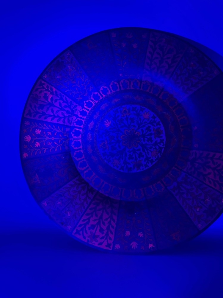 Antique Indian Patterned Brass Plate 12’’ Circular Decorative Enamel Black Light