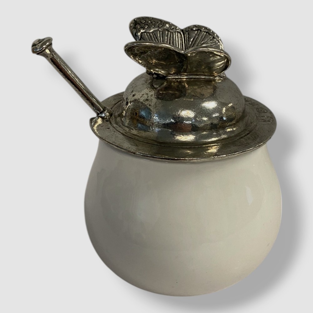 Valpeltro White Ceramic Pewter Butterfly Sugar Bowl Holder