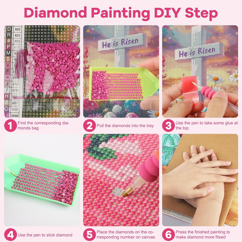 Easter Diamond Art Kits for Adults Beginner, 5D He is Risen Cross Diamond Paint