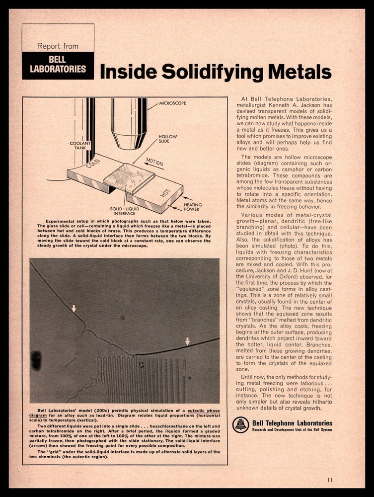 1967 Bell Telephone Laboratories Report "Inside Solidifying Metals" Print Ad