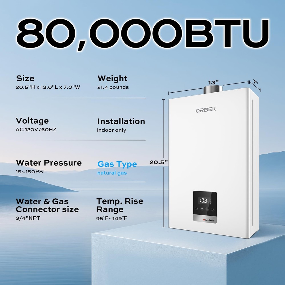 Natural Gas Tankless Water Heater - Max 3.6 GPM 80,000 BTU Indoor Installatio...