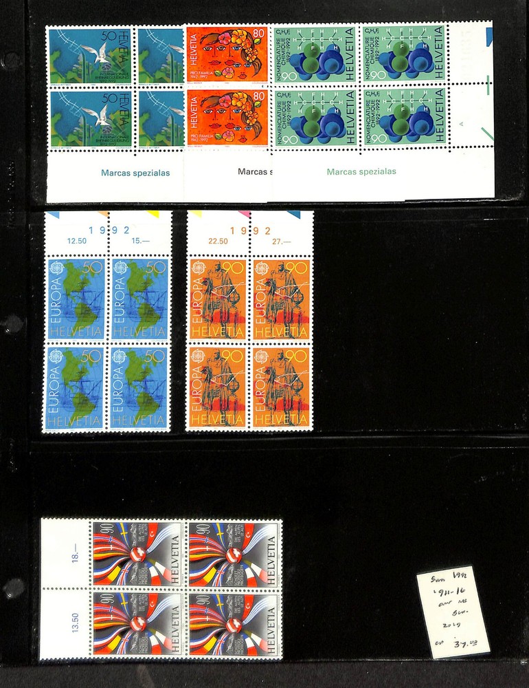 Switzerland, Postage Stamp, #911-916 Blocks Mint NH, 1992