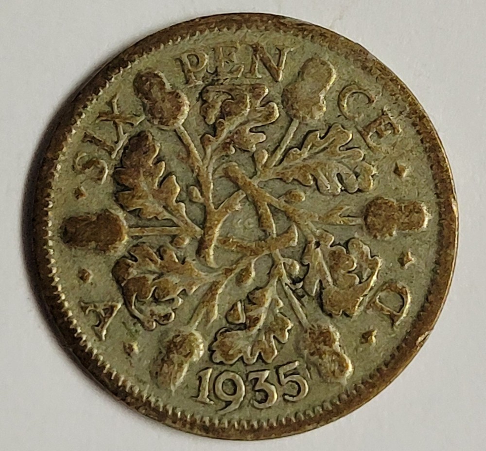 1935 UK Great Britain Silver 6 Pence Coin