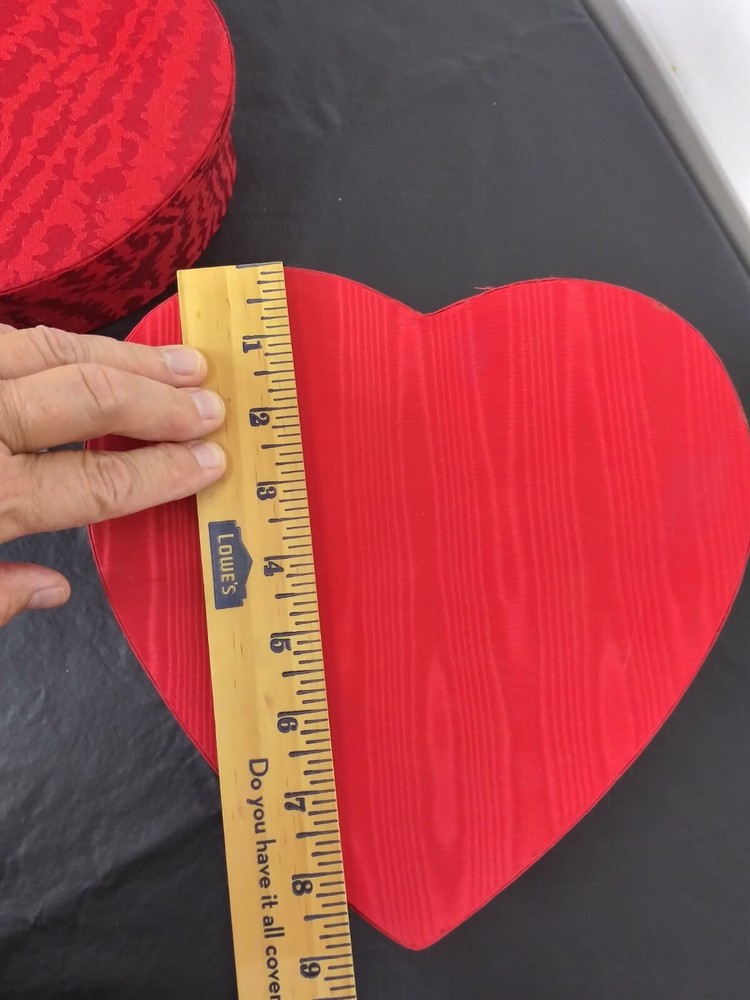 2 Red Fabric Covered Stacking Nesting Heart Boxes Satin Moire & Brocade Wedding
