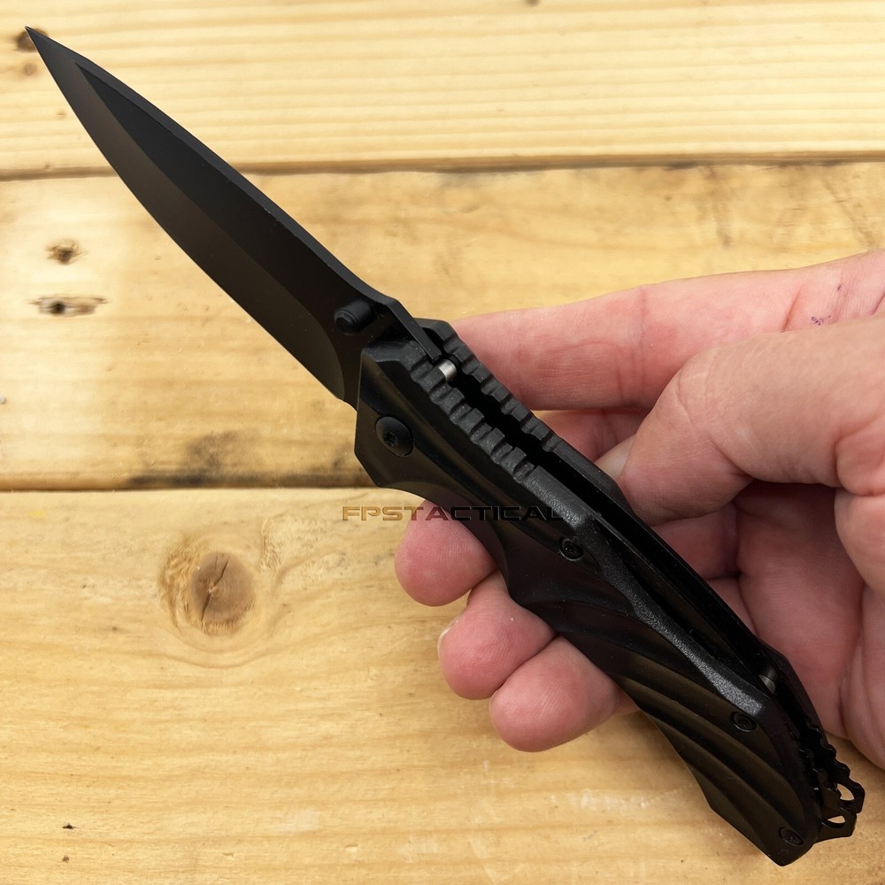 Pacific Solutions Textured Stainless ABS Wave Tech Black Spring Assist Knife 4"