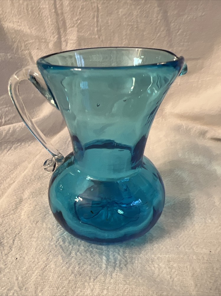Handblown Mini Pitcher Blue With Clear Applied Handle 3.5”