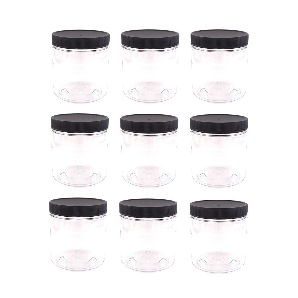 Clear Plastic Jars 8 ounce with Black Lids (9-Pack) Refillable Empty Storage ...