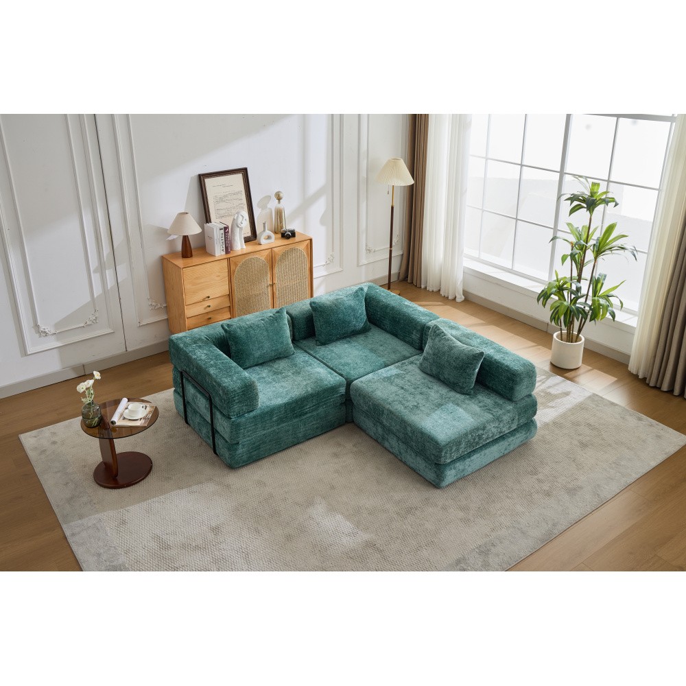 Convertible Floor Sofa Bed w/ Fixed Frame, Chenille Fabric, Dark Green