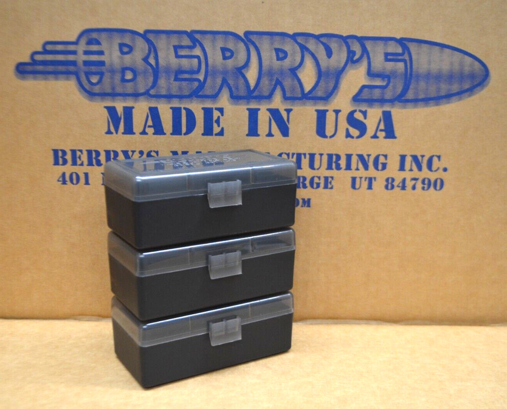 3 x 357 / 38 PLASTIC STORAGE AMMO BOXES (SMOKE / BLACK) BERRY'S MFG