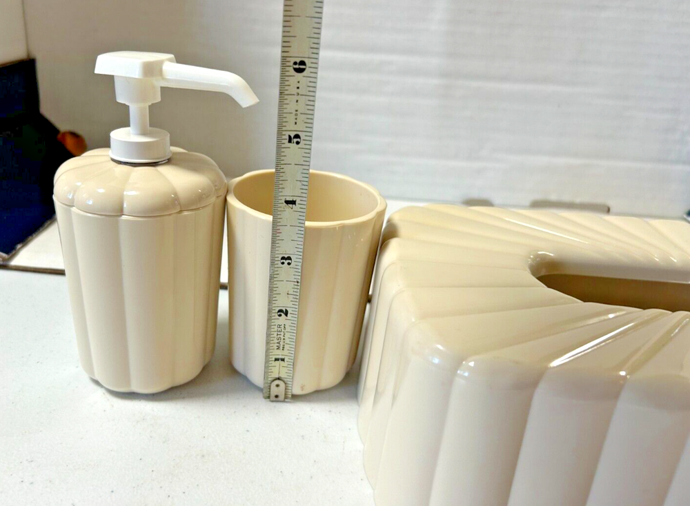 Vintage Tan Plastic Tissue Box Cover, Cup and Soap Dispenser
