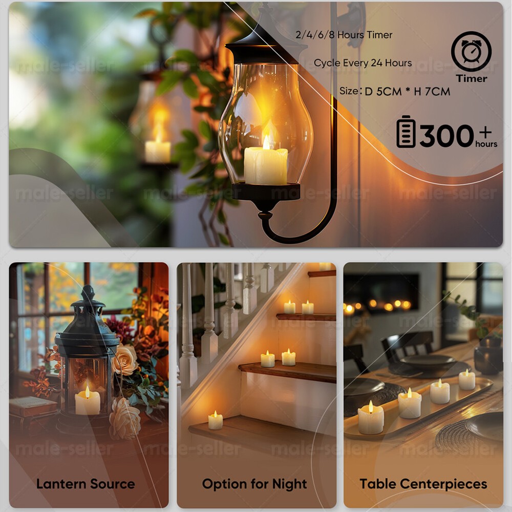 6pcs Flickering Real Wax LED Tea Light Votive Candles with Timer Remote Control