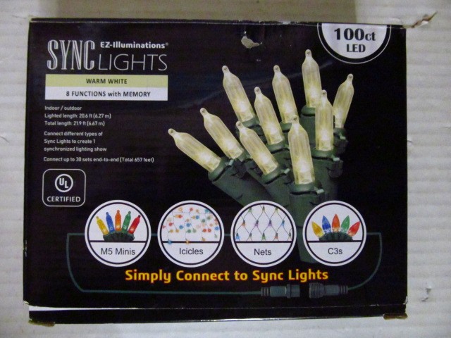 EZ-Illuminations Sync Lights 100 LED Mini Light w Green Wire, Warm White 8 Funct