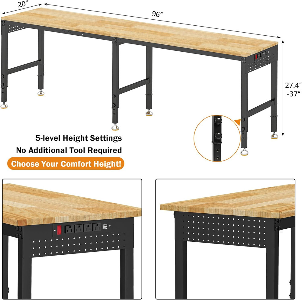 Betterhood 96" Adjustable Workbench, 5000 LBS Heavy Duty Work Table with Power O