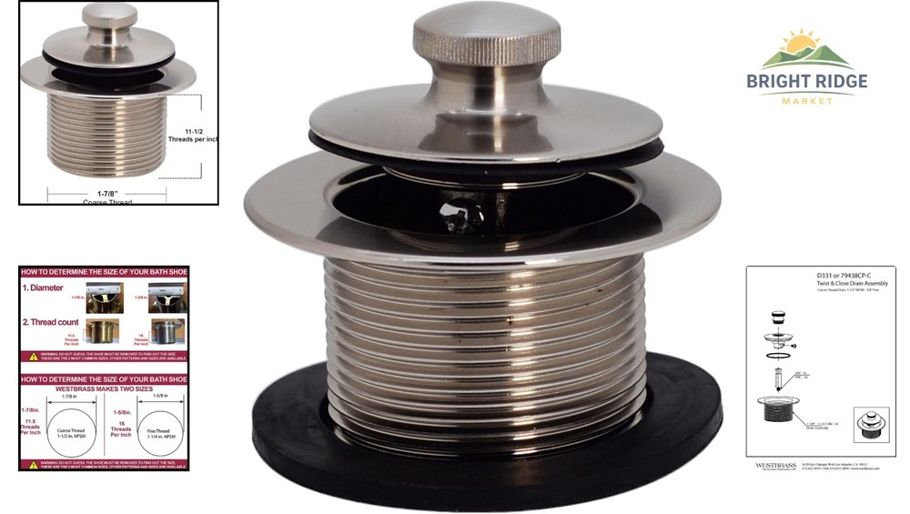Coarse Thread Bathtub Drain Plug, 1-1/2" Stainless Steel Push Pull Mechanism