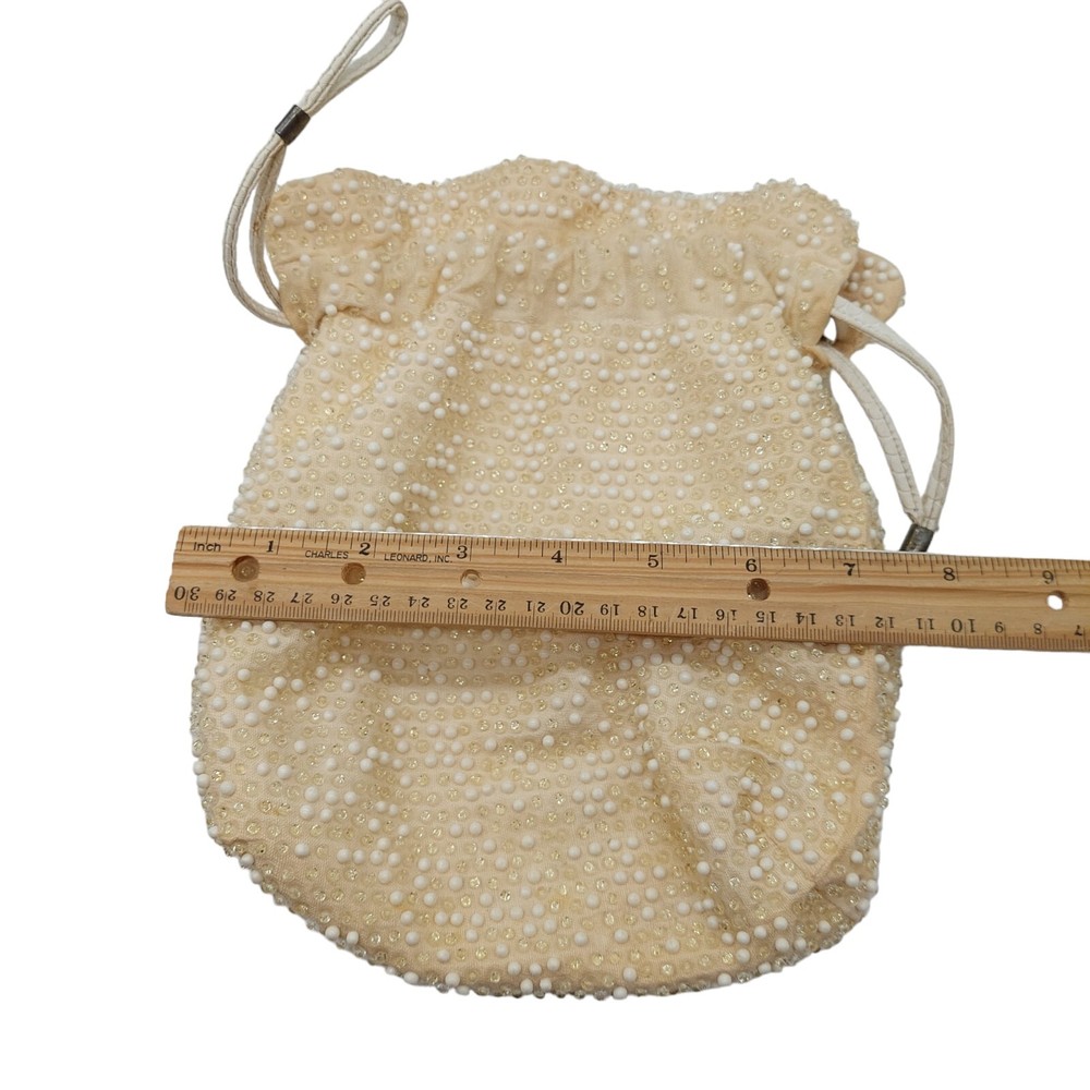 Beaded Purse With Pull String Closure Cream Colored Reversible