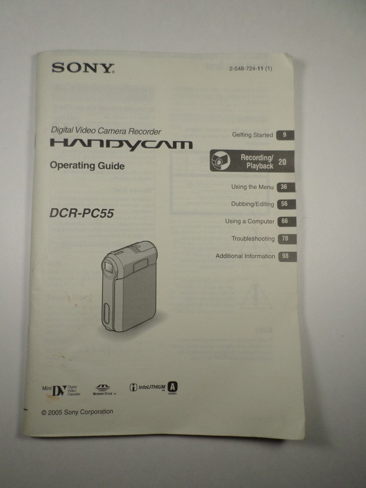 Sony DCR-PC55 Handycam Owners Manual Operating Guide