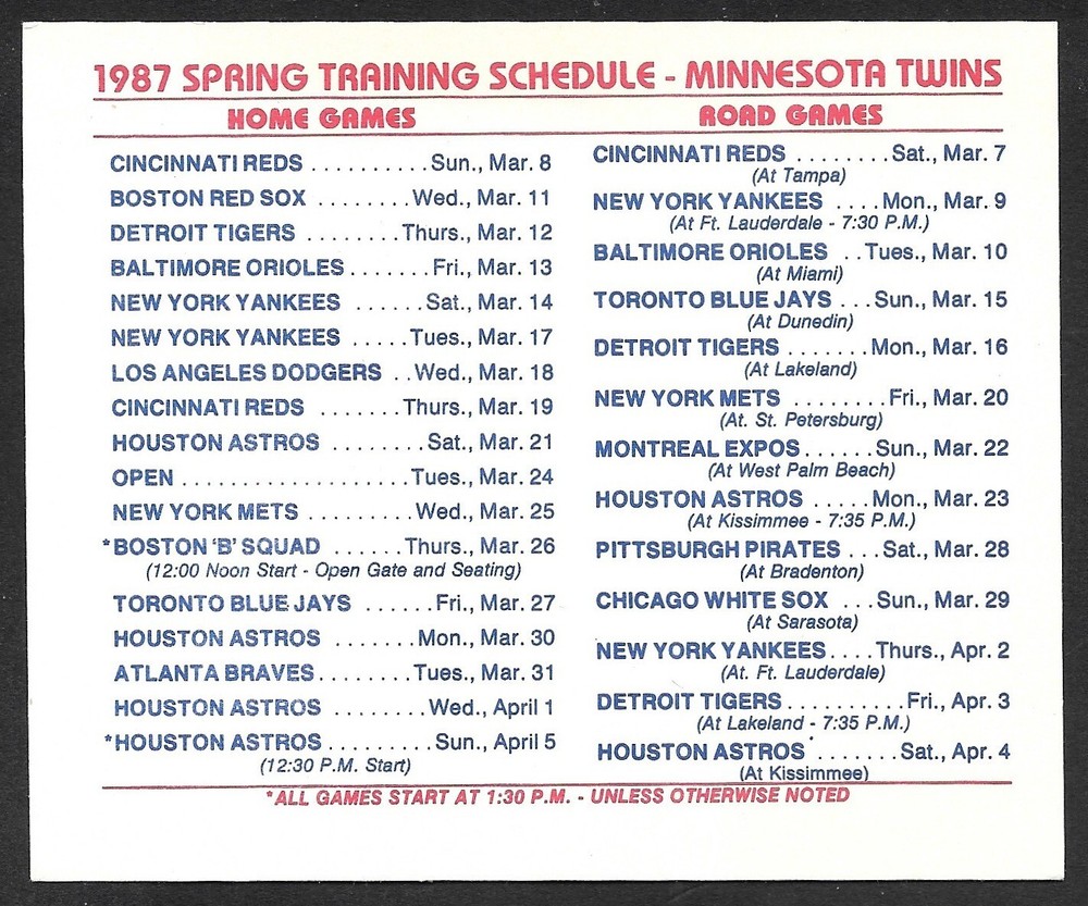 1987 MINNESOTA TWINS  McNamara  Spring Training  POCKET SCHEDULE  EX-MINT