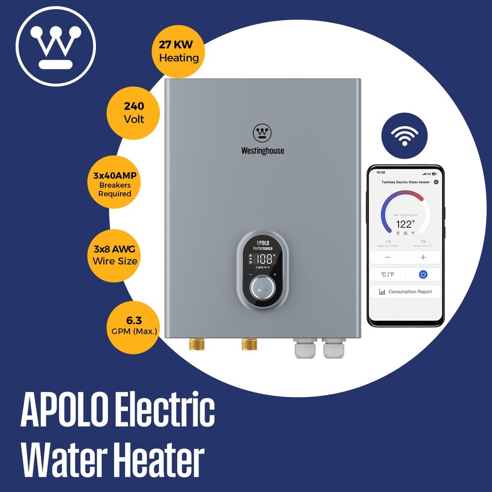 APOLO Electric Tankless Water Heater Boiler 27KW Smart Voice Control Wifi &Alexa
