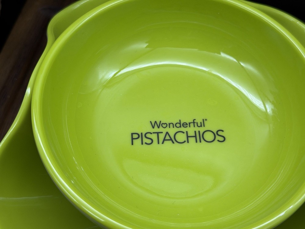 Wonderful Pistachios Nuts Shells Double Bowl Lime Green Melamine - EUC