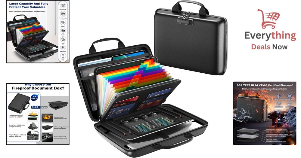 Fireproof Document Box with Lock 13 Pockets Waterproof Hard Case File Organizer