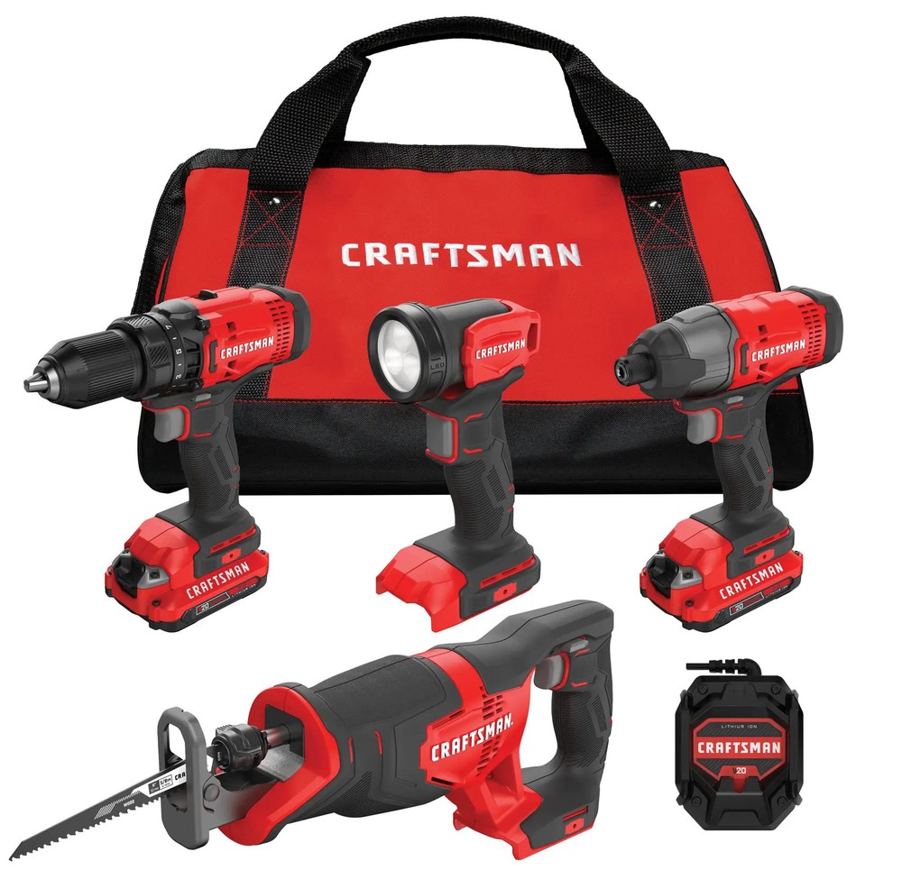 Craftsman V20 Max 4-Tool Power Tool Combo Kit with Soft Case - Black/Red...