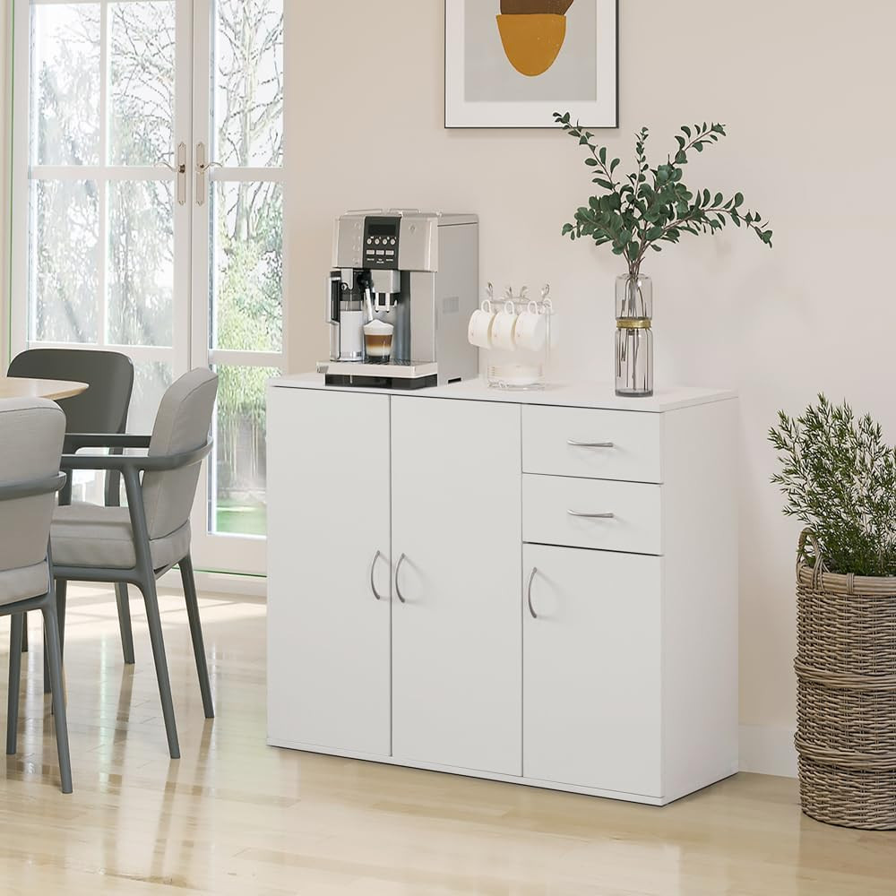 33-Inch White Sideboard Buffet Cabinet with Storage, Spacious Table Top, Large D