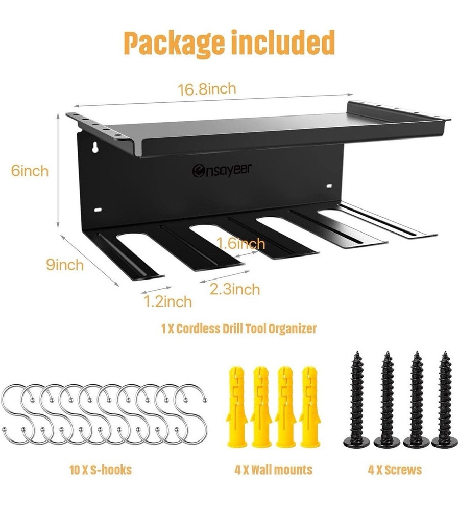 Power Tool Organizer 4 Drill Holders Wall Mounted Garage Tool Storage Rack