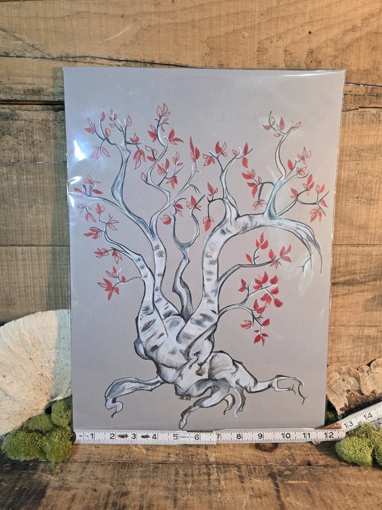 Crimson Birch Tree, Colored Pencil On Textured Paper
