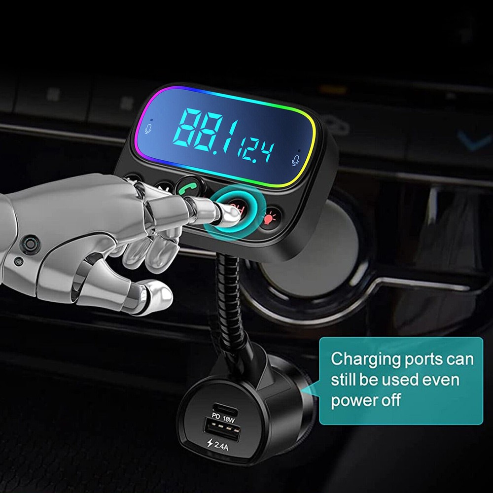 Bluetooth 5.0 Car Wireless FM Transmitter Adapter USB PD Charger Hands-Free