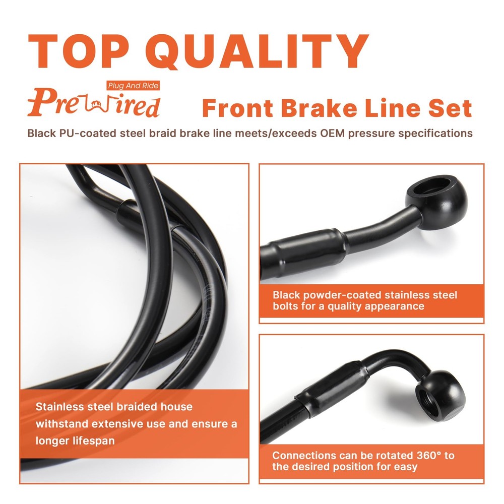 Front Brake Line 16" Handlebars Extension Cable NO ABS for +6”, Black