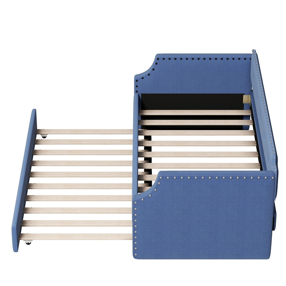Twin Size Daybed with Pull-Out Trundle Bed Upholstered Bed Frame Sofa Bed Blue