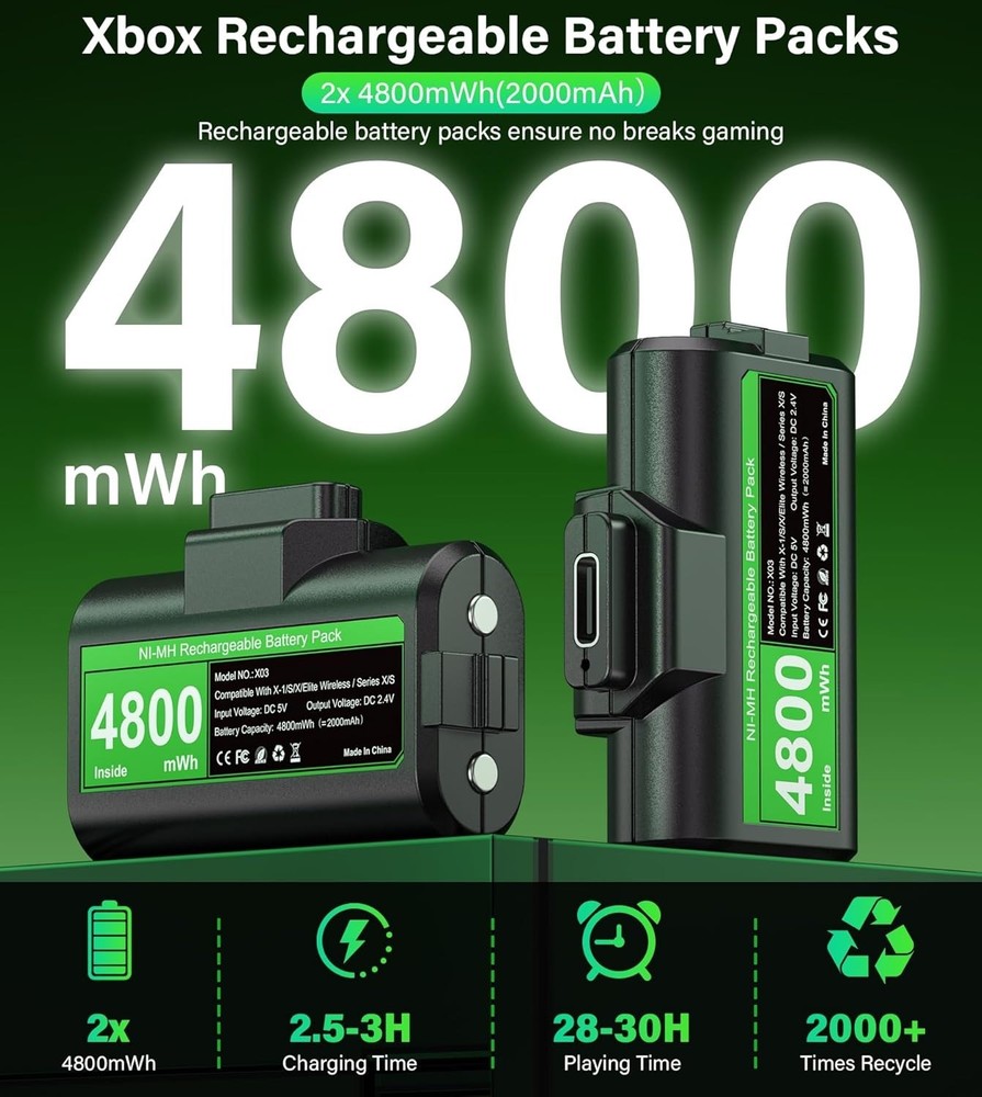 2-Pack Xbox Battery for Series X/S & One Controllers - Fast USB-C Charging