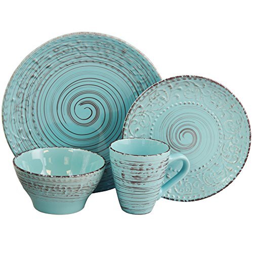 Embossed Stoneware Ocean Dinnerware Dish Set, 16 Piece, Turquoise