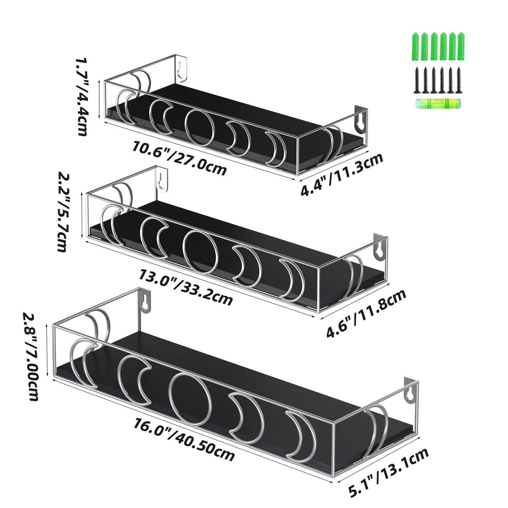 Moon Phase Small Floating Wall Shelves 3-Pack, Black Silver Decorative Display