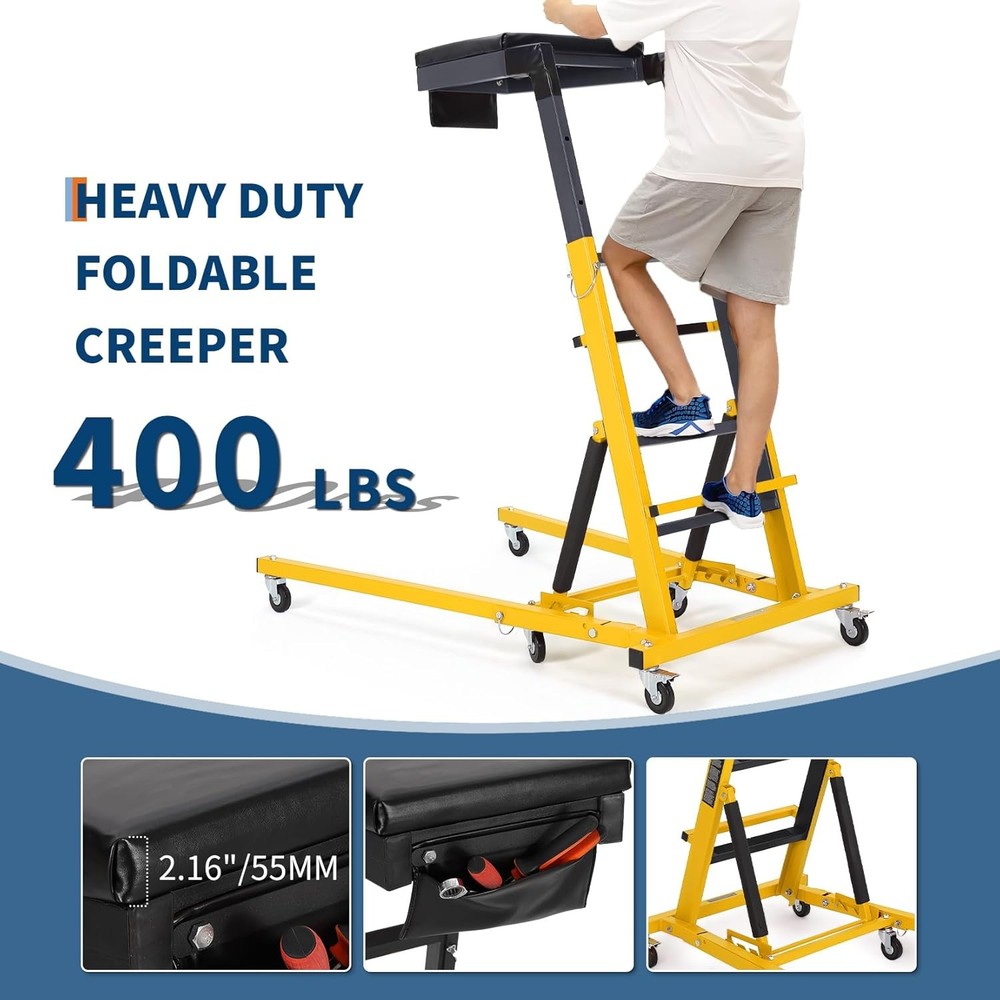 Adjustable Garage Creeper with Lockable Wheels, Tool Pouch & Ergonomic Design