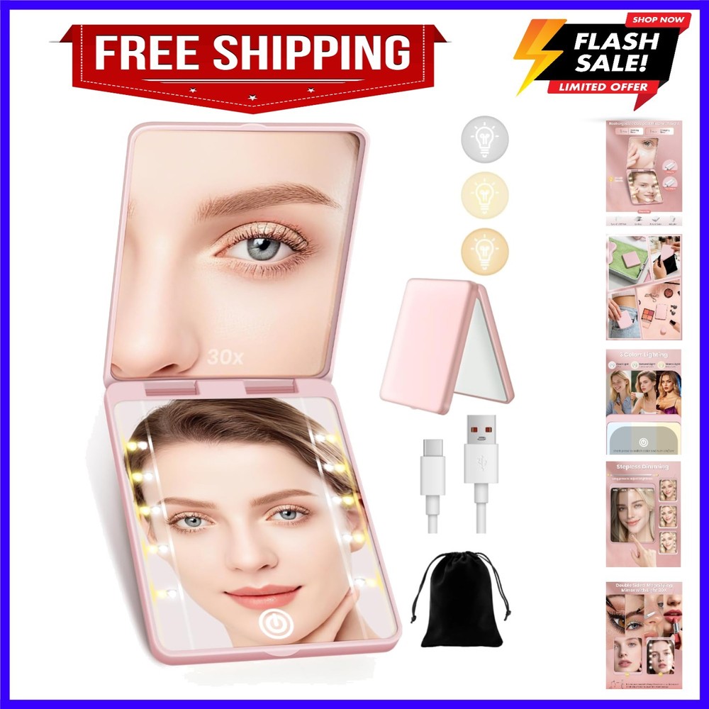 Compact Mirror, Rechargeable 30X Magnifying Mirror with 3 Lighting Modes & Di...