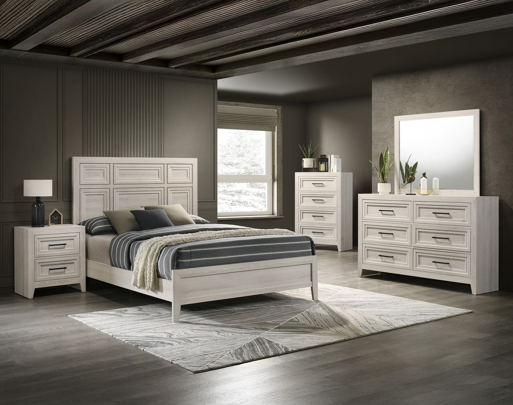 4pc Antique White Finish Queen Panel Bed Set Geometric Design Headboard