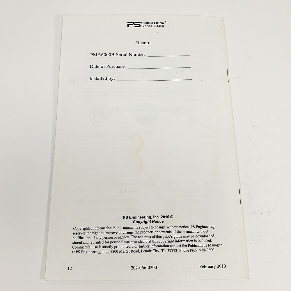 PMA6000B Audio Panel Operators and Installation Manual 2010