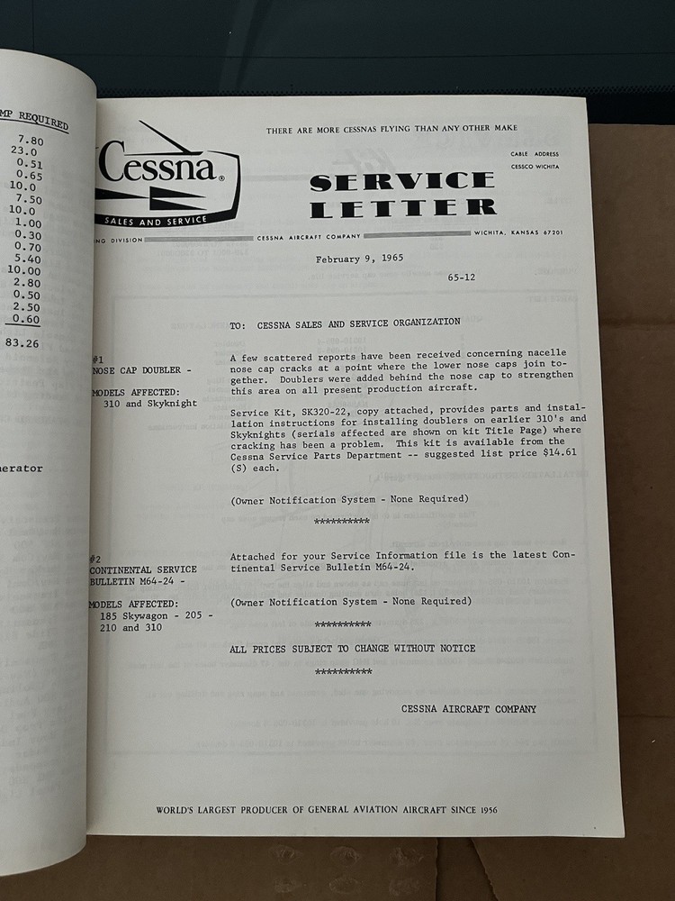 1965 Cessna Service Information Summary Manual All Models, Original Read